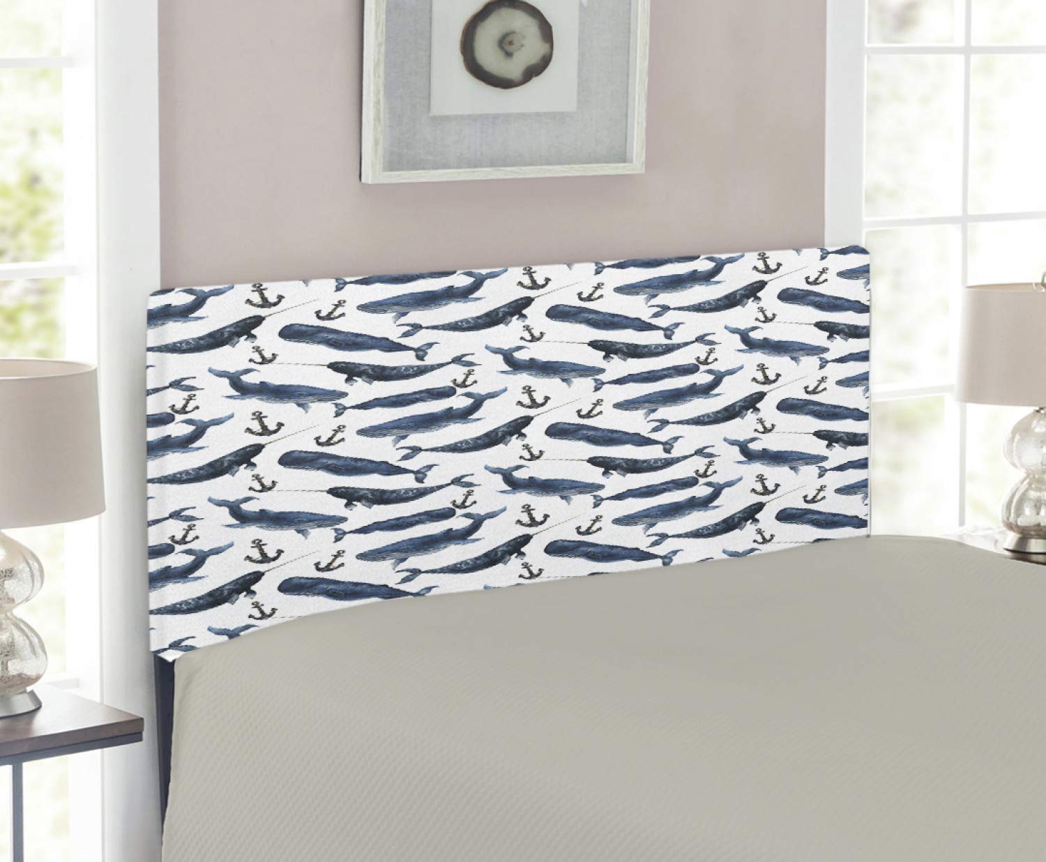 Ambesonne Narwhal Upholstered Headboard - Aquarelle Whale & Anchor Marine Biology Design, Memory Foam Decorative Metal Bed Frame, Twin Size in Navy Blue - Perfect for Kids' Rooms & Coastal Themed Bedrooms