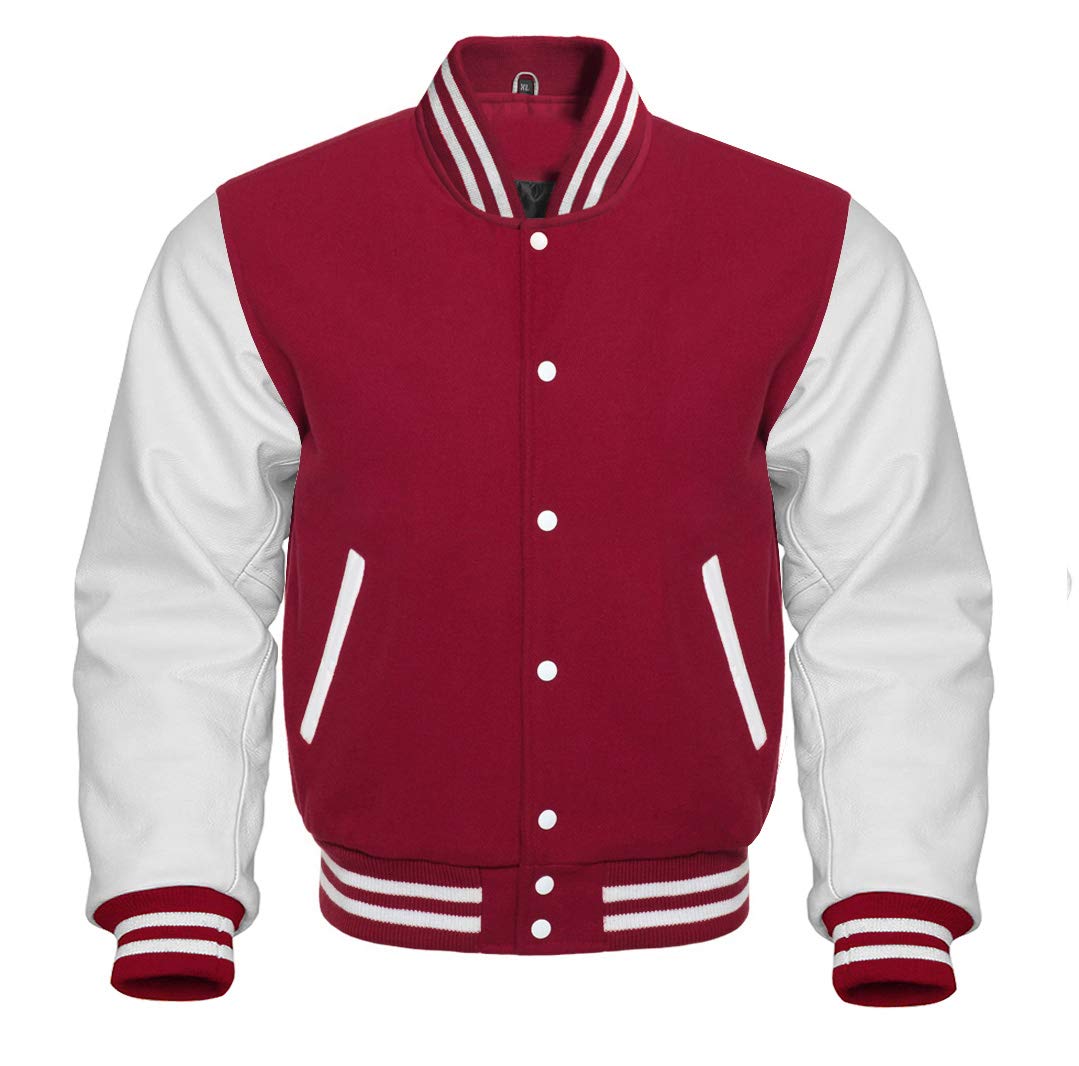 Varsity Letterman Baseball Jacket - Retro Vintage Bomber Style with Maroon Wool Body & White Genuine Leather Sleeves | Perfect for High School Sports, College Games, and Casual Streetwear Fashion