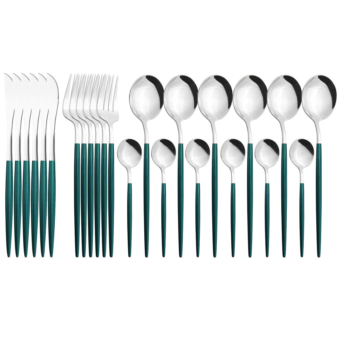 24-Piece Stainless Steel Silverware Set - Gold-Toned Dinner Knives, Forks & Coffee Spoons | Elegant Cutlery Set for Dining & Entertaining | Durable Kitchen Tableware (Green Silver) - Perfect for Weddings, Restaurants & Home Dinner Parties