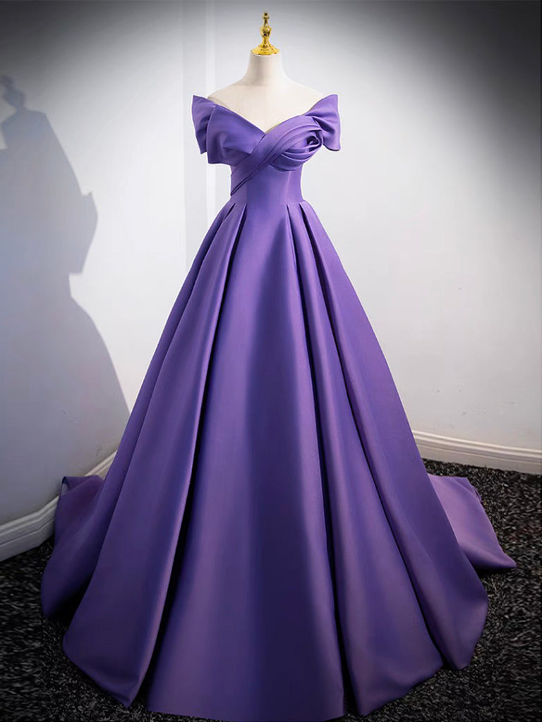 Elegant Off-Shoulder A-Line Satin Purple Long Prom Dress & Evening Gown - Perfect for Homecoming, Formal Events & Special Occasions