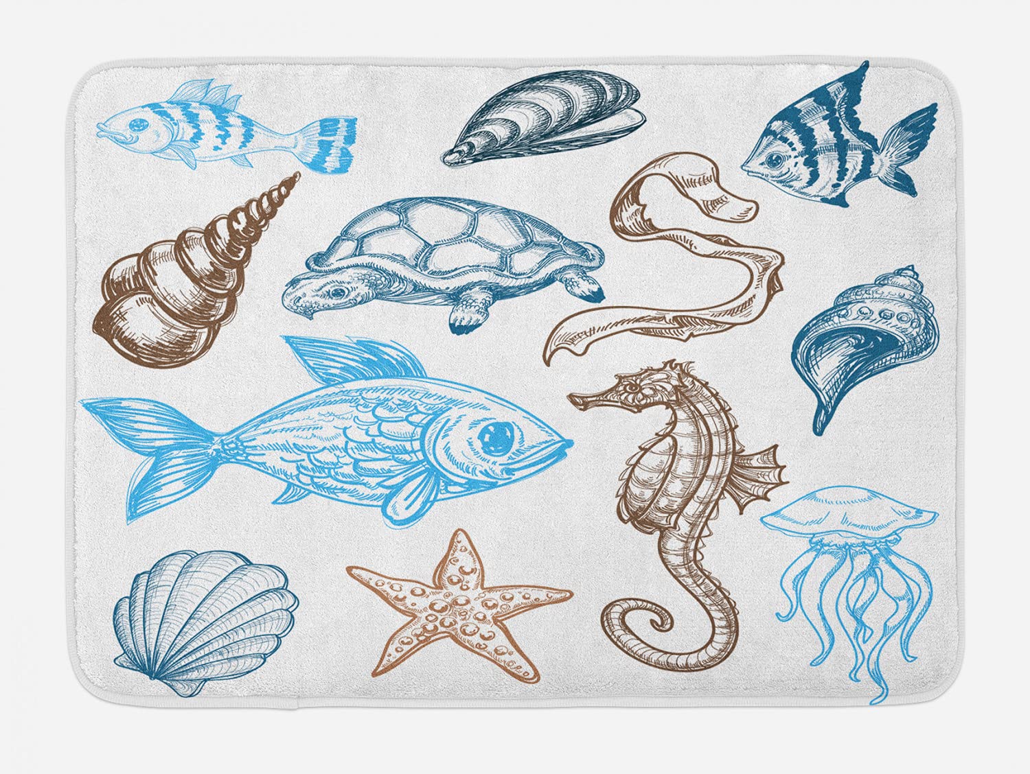 Ambesonne Non-Slip Plush Bath Mat - Underwater Marine Life Design with Fish, Shells, Jellyfish, Oyster, Squid & Seahorse - 30.2