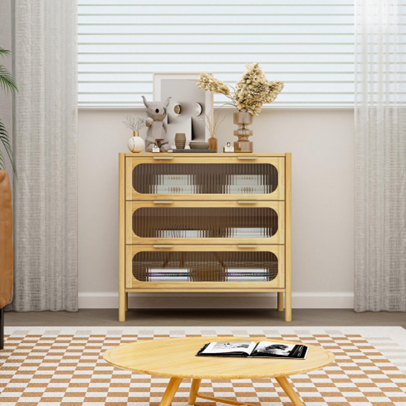 Bamboo 3-Drawer Storage Cabinet with Glass Door - Buffet Sideboard Console Table for Dining Room, Living Room, Kitchen & Hallway | Natural Wood Home Organizer for Dishes, Linens & Decor