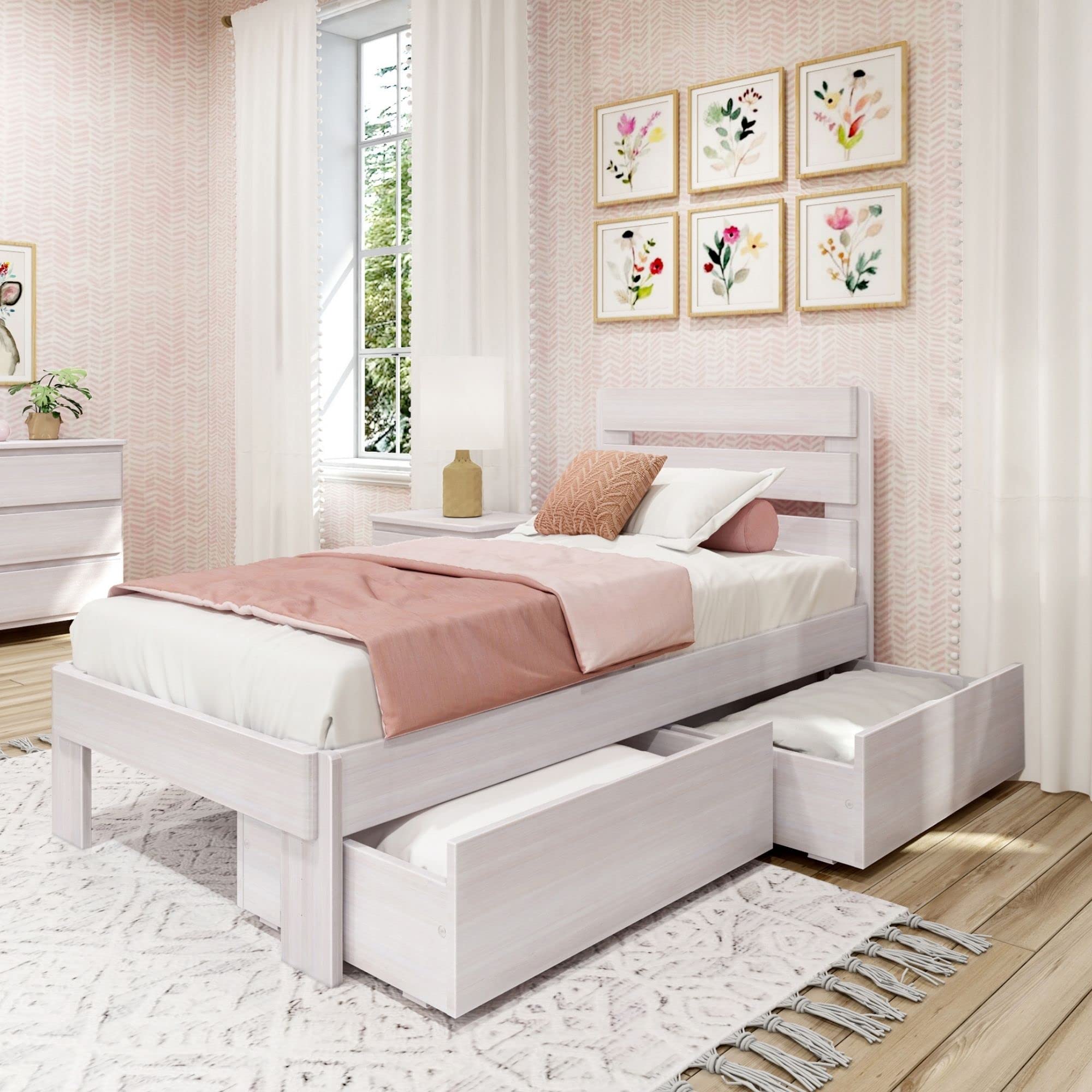 Max & Lily Modern Farmhouse Twin Bed with Plank Headboard & Storage Drawers - White Wash Finish | Perfect for Kids Bedrooms, Guest Rooms & Small Spaces