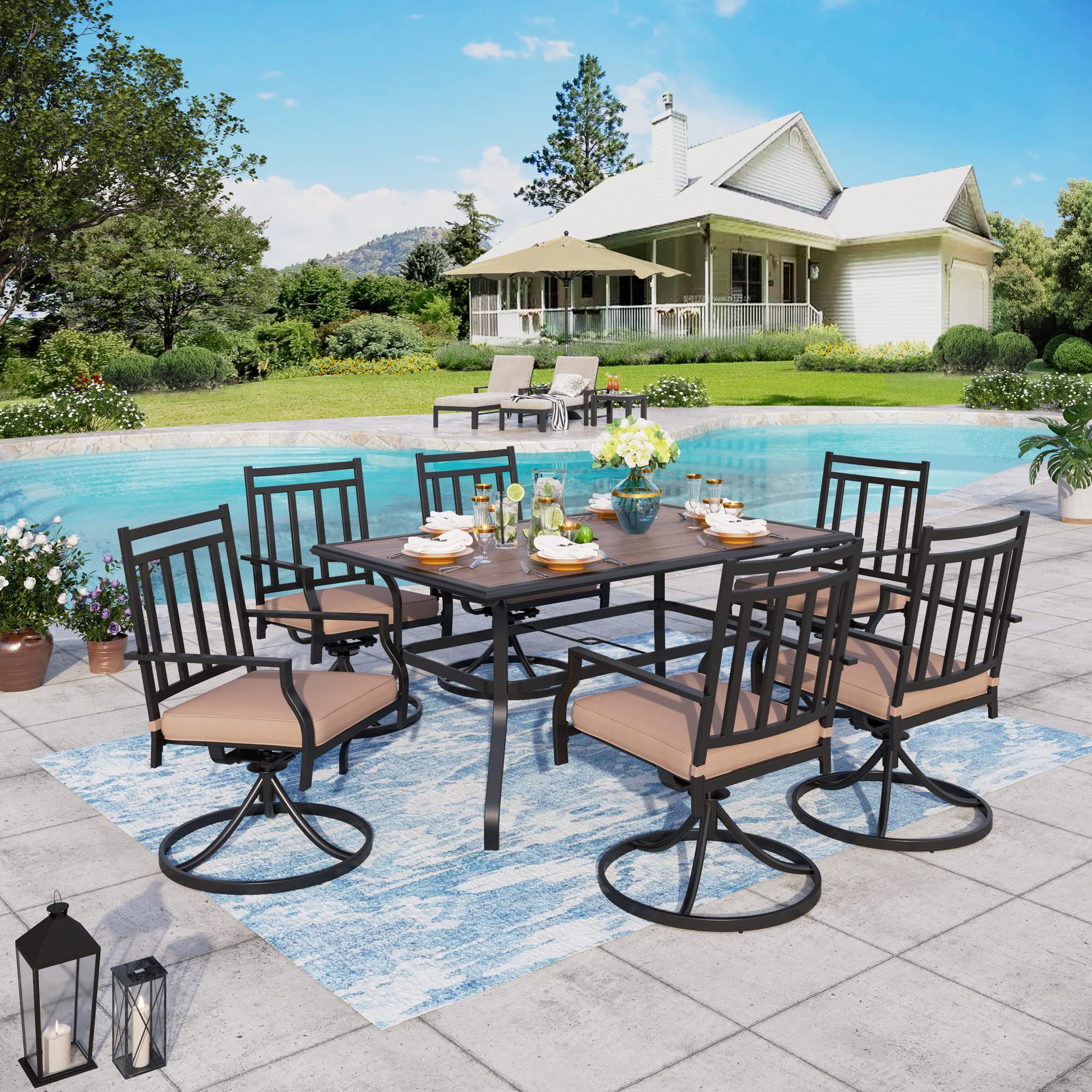 Sophia & William 7-Piece Patio Dining Set - Outdoor Metal Furniture with 6 Swivel Chairs & Wood-Like 6-Person Umbrella Table - Perfect for Garden, Lawn, Backyard, and Poolside Dining