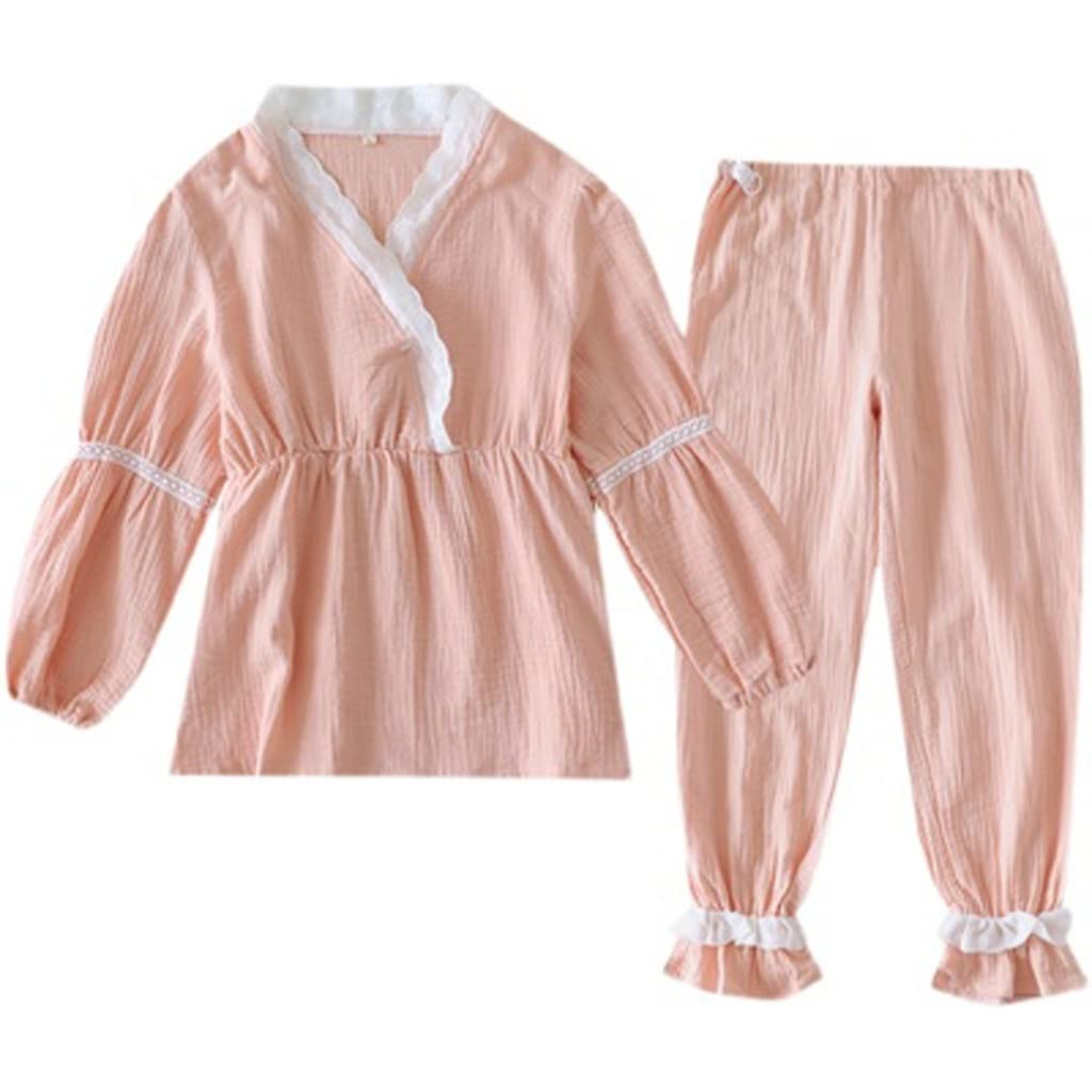 MMAXZ Women's Summer Lace Trim Sleepwear Set - Long Sleeve Pajama Top & Pants Nightwear (Pink, Large) | Comfortable Home Lounge Wear for Relaxing Evenings & Cozy Nights