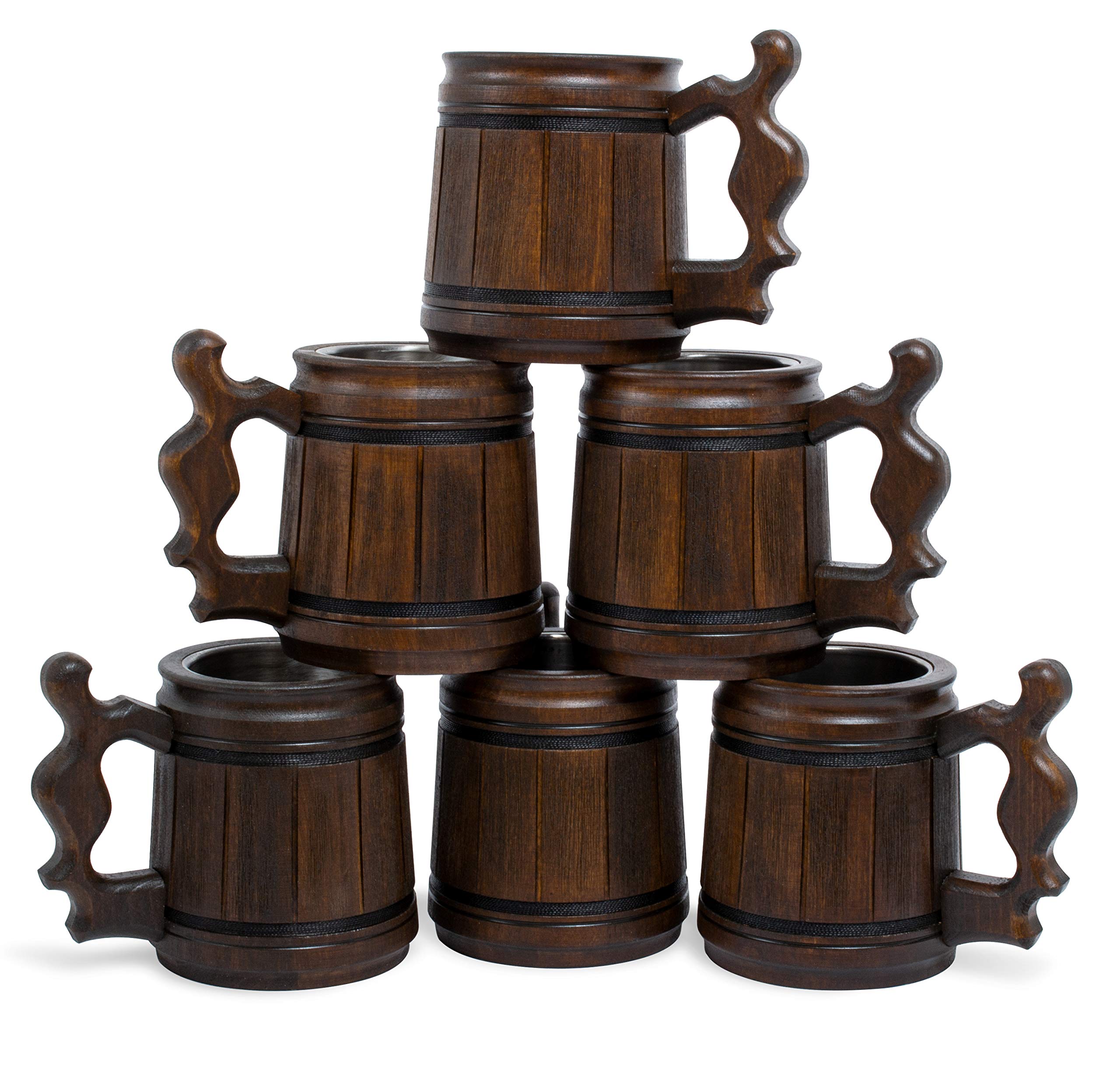 Set of 6 Handcrafted 10oz Beer Mugs - Stainless Steel & Wooden Beer Steins - Coffee Cups for Men - Unique Father's Day, Christmas & Birthday Gifts - Classic Brown - Perfect for Home Bars, BBQs & Man Cave Decor