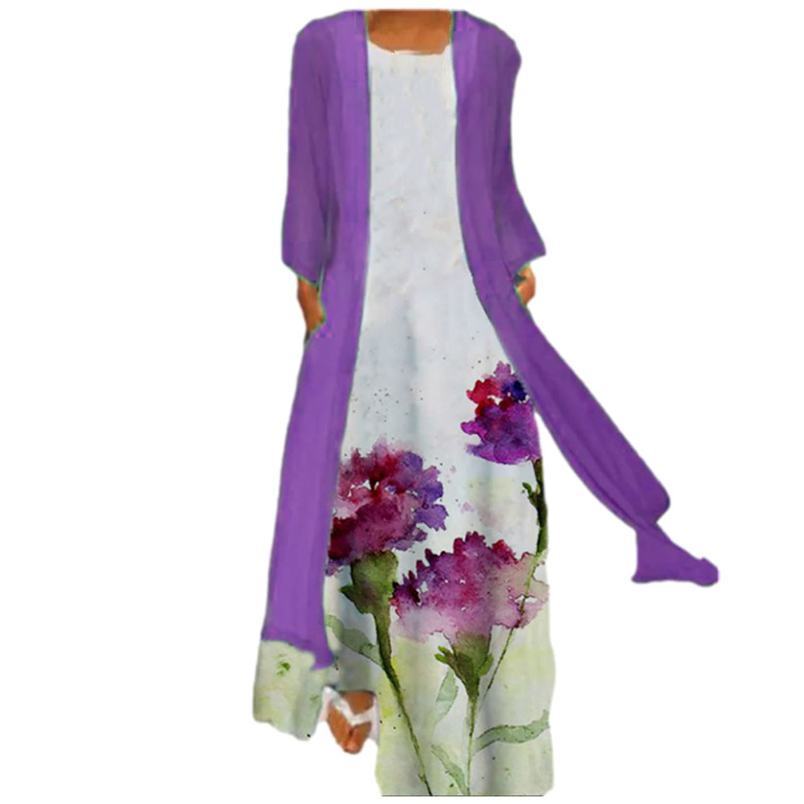 FAVIPT Women's Elegant Floral Two-Piece Dress Set - Vintage Chiffon Long Cardigan & Sleeveless Maxi Dress for Wedding Guest, Party, and Special Occasions