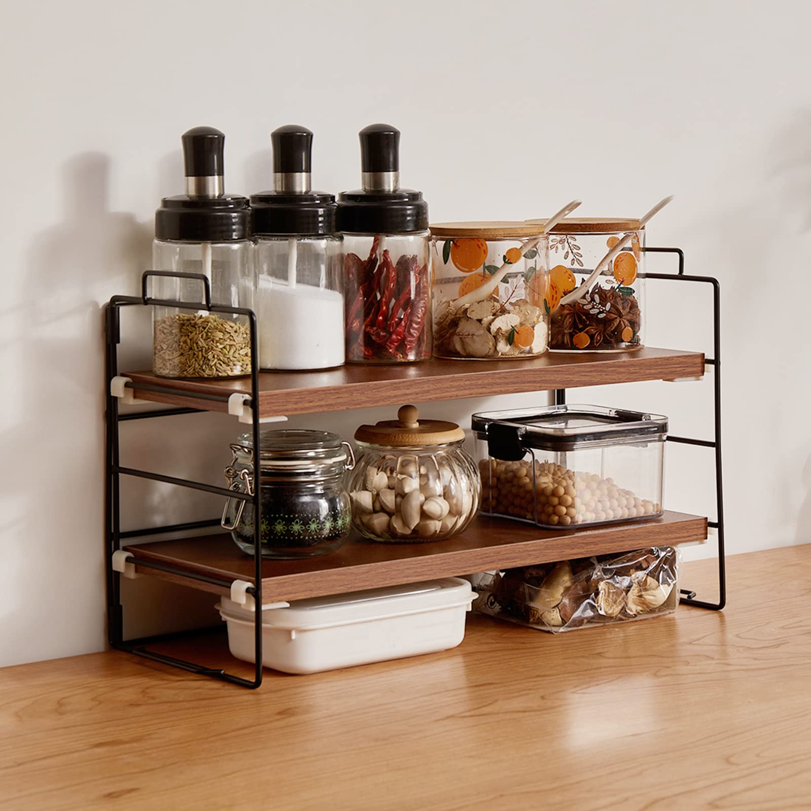 2 Tier Spice Rack Organizer - Adjustable & Stackable Kitchen Countertop Shelf for Spices, Makeup, or Office Supplies - Perfect for Bathroom, Bedroom & Kitchen Storage (Brown)