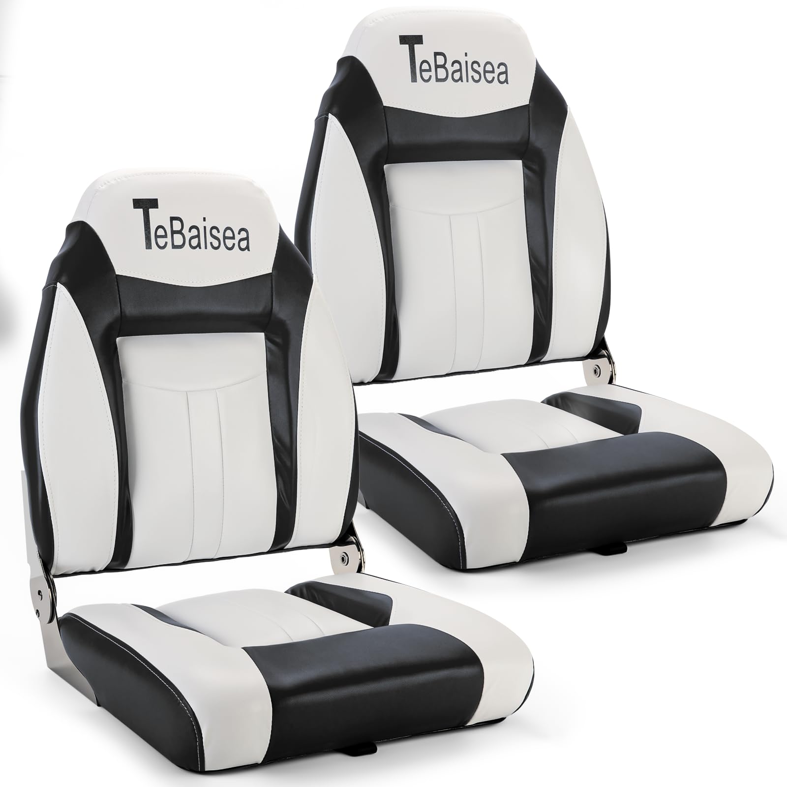 2pcs High Back Fishing Boat Seats - Foldable, Waterproof & Sunproof Microfiber Leather with 316 Stainless Steel Hinges (Black+White) - Perfect for Fishing, Boating & Marine Activities