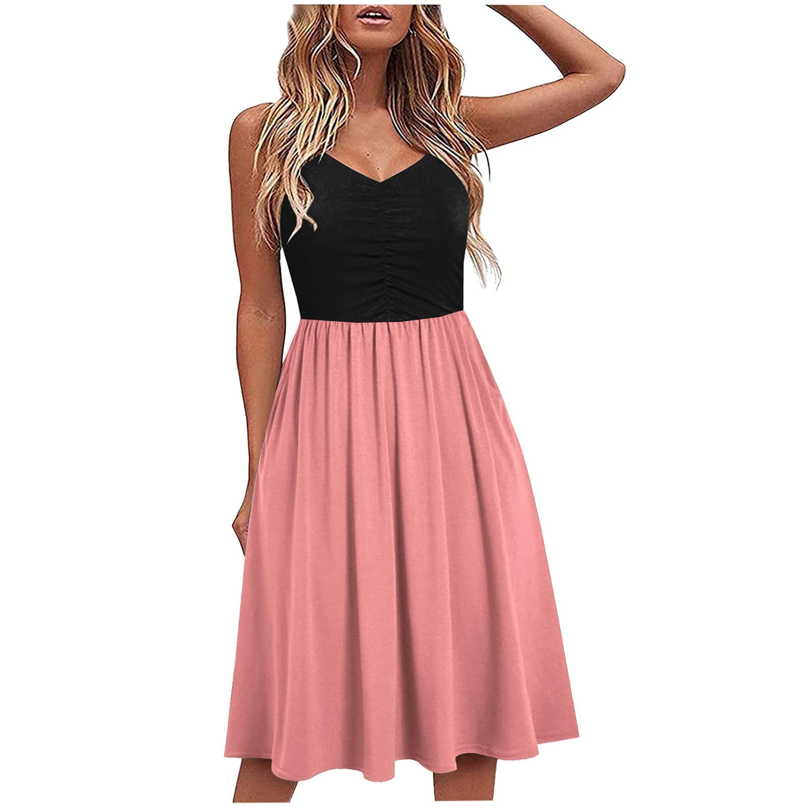 Women's Summer Sleeveless V-Neck Smocked Midi Dress - High Waist Knee Length Casual Dress in Pink | Perfect for Beach Vacations, Date Nights & Summer Parties