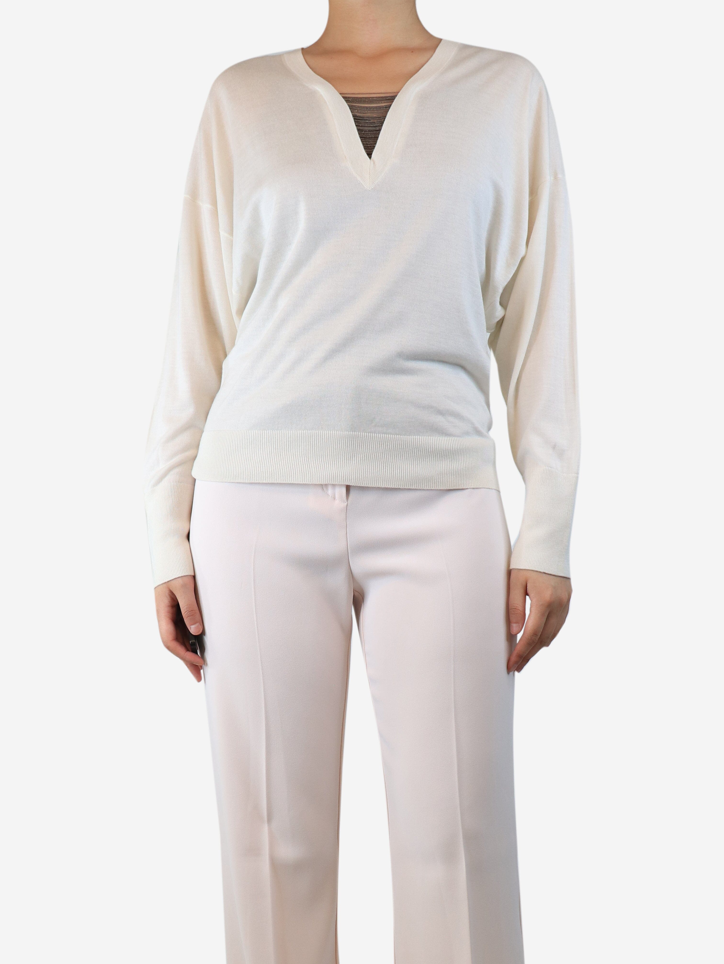 Elegant Cream Sweater with Chain Embellishment - Size S | Women's Casual Knitwear for Fall & Winter Outfits