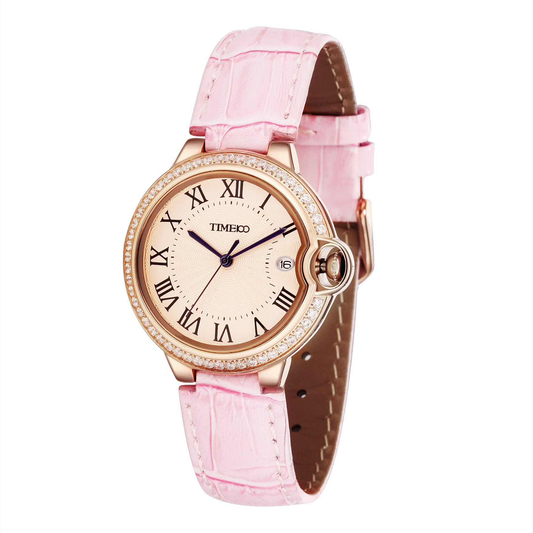Time100 Women's Leather Strap Watch - Retro Roman Numerals, Diamond Accents, Alloy Case - Elegant Dress Watch for Office, Party & Everyday Wear