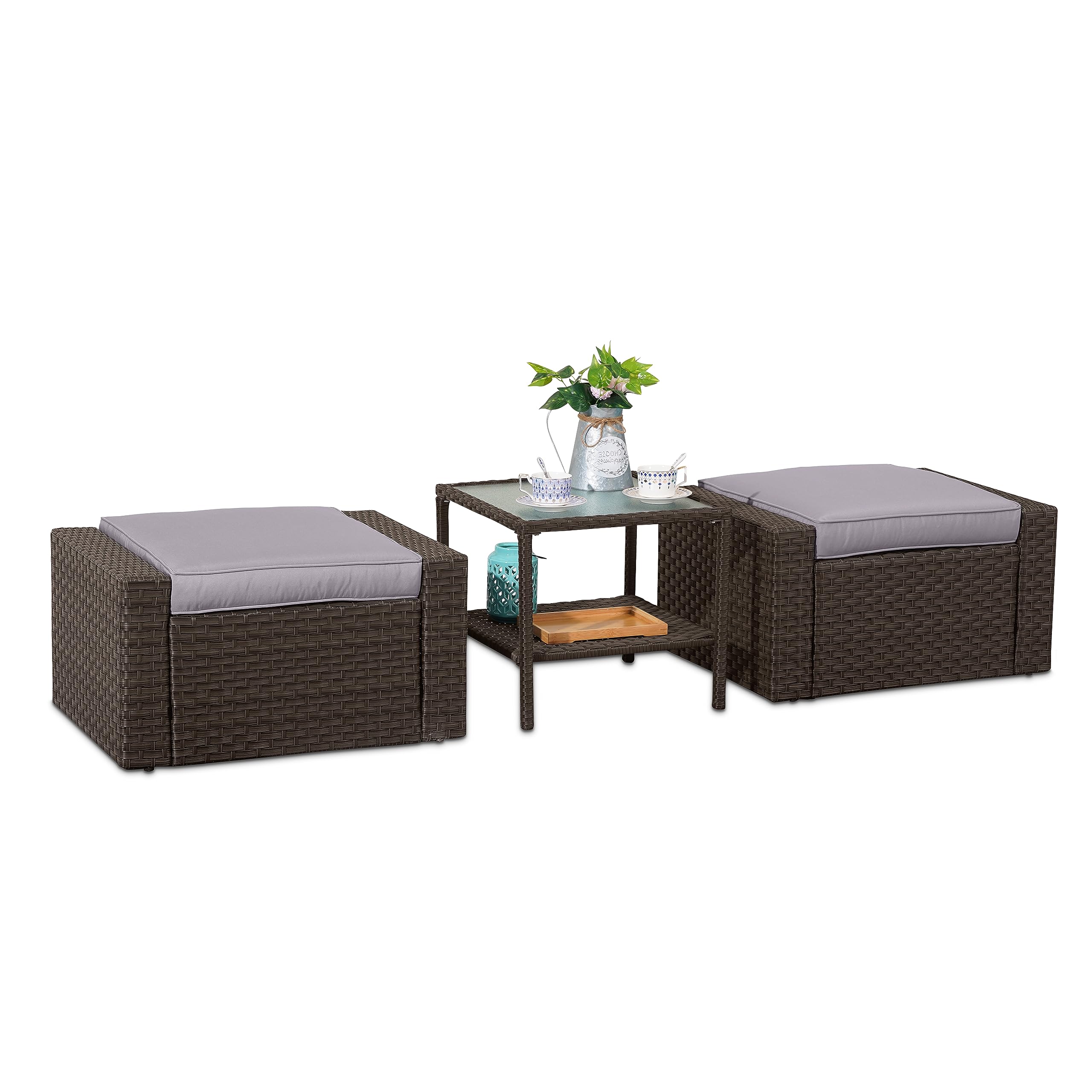 Stamo 3-Piece Outdoor Patio Furniture Set - Wicker Ottoman Chairs with Glass Coffee Table & Grey Removable Cushions, Coffee-Grey - Perfect for Garden, Poolside, and Backyard Relaxation