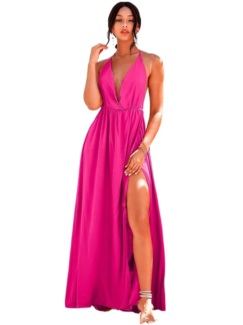 Sexy Backless Plunging Neck Wrap Hem Maxi Summer Dress for Women - Boho Chic Beach Wedding Party Dress for Vacation, Date Night & Special Occasions