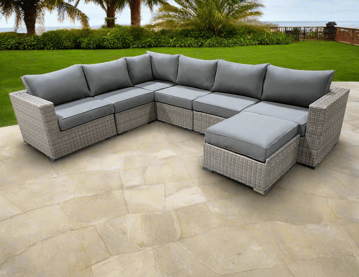 Riviera Outdoor Patio Wicker L-Shaped Sectional Sofa Set with Ottoman - Grey Sunbrella Canvas Charcoal Cushions - Perfect for Poolside Lounging, Backyard Relaxation & Outdoor Entertaining