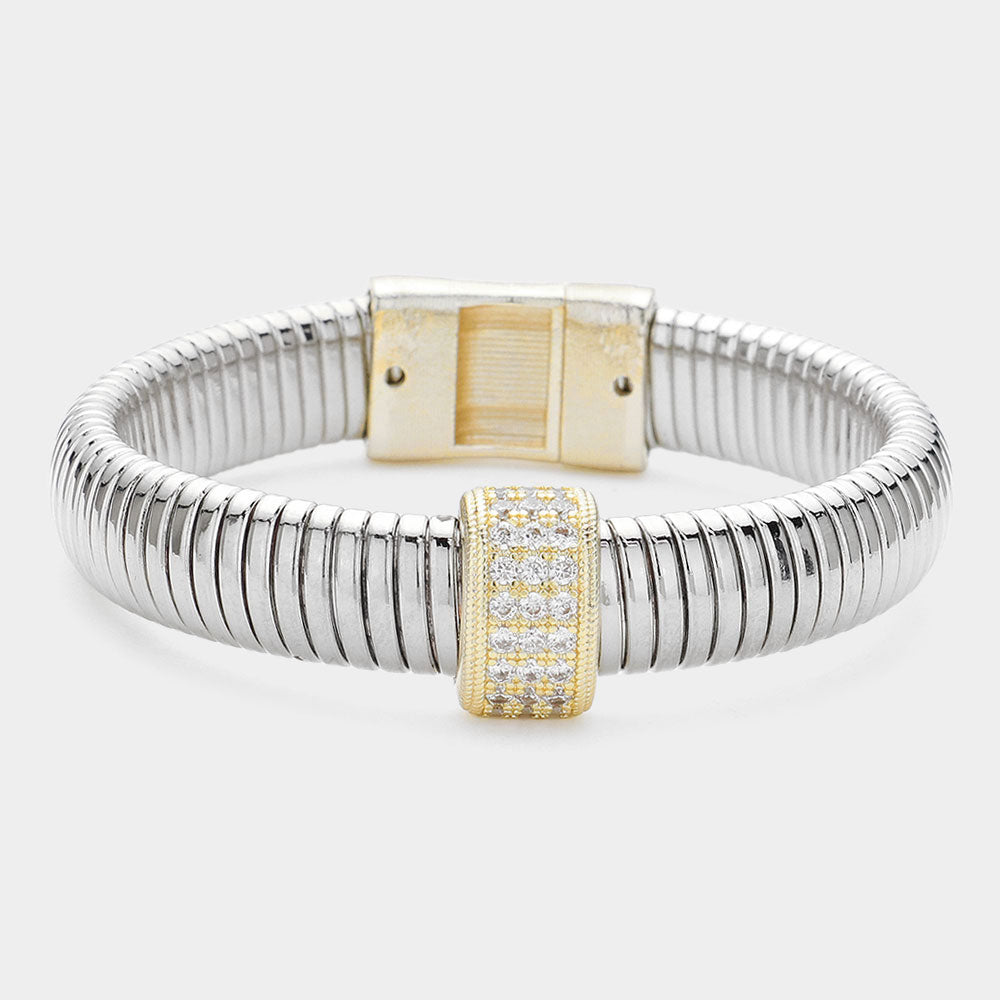 Silver CZ Stone Paved Pointed Two-Tone Coil Bangle Bracelet for Women | Elegant Fashion Jewelry for Parties, Weddings & Special Occasions