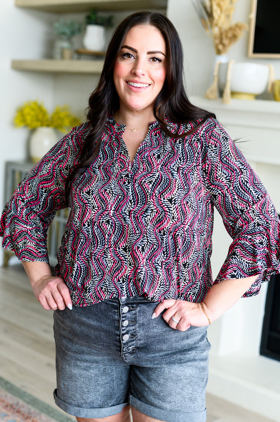 Lizzy Bell Sleeve Top for Women - Black & Pink Rope Design Blouse - Perfect for Casual Outings, Date Nights & Office Wear