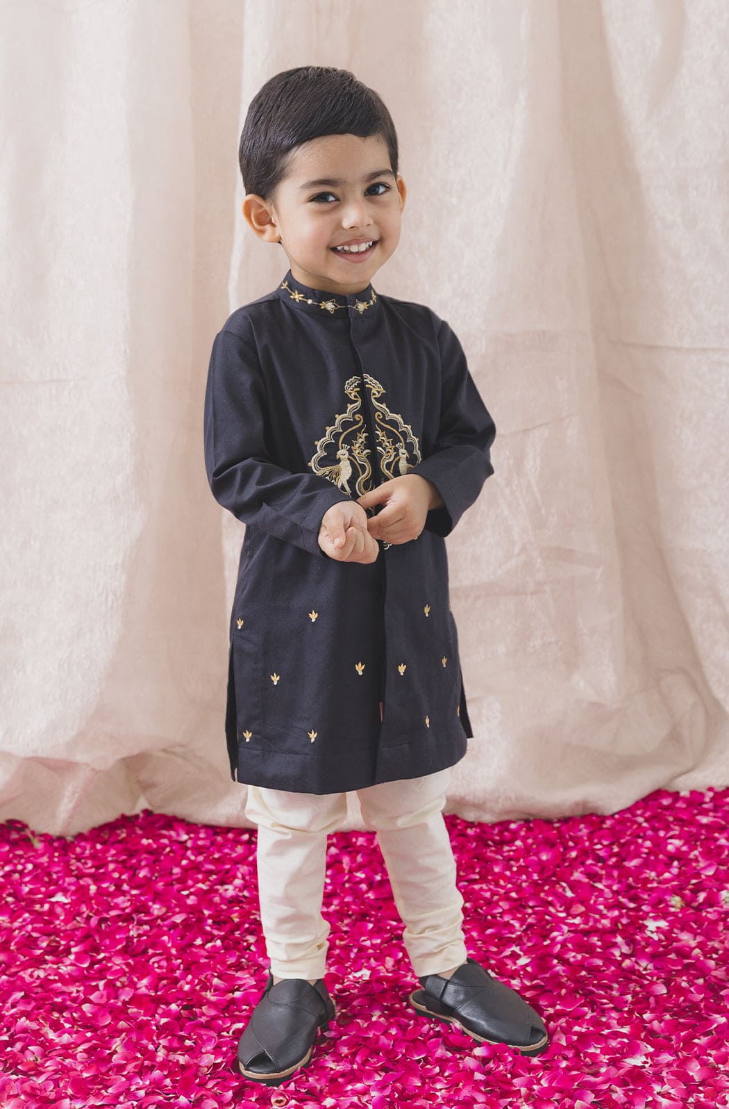 Royal Peacock Kurta Set for Boys - Elegant Black Indian Ethnic Wear for Festivals, Weddings & Special Occasions