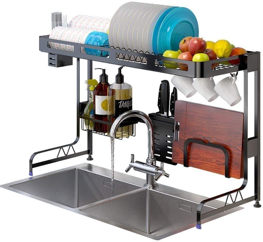 Stainless Steel Over the Sink Dish Drying Rack - Black Kitchen Storage Organizer for Plates, Cutlery & Tableware (85x30x52.3cm) | Space-Saving Sink Drainer for Small Kitchens & Apartments