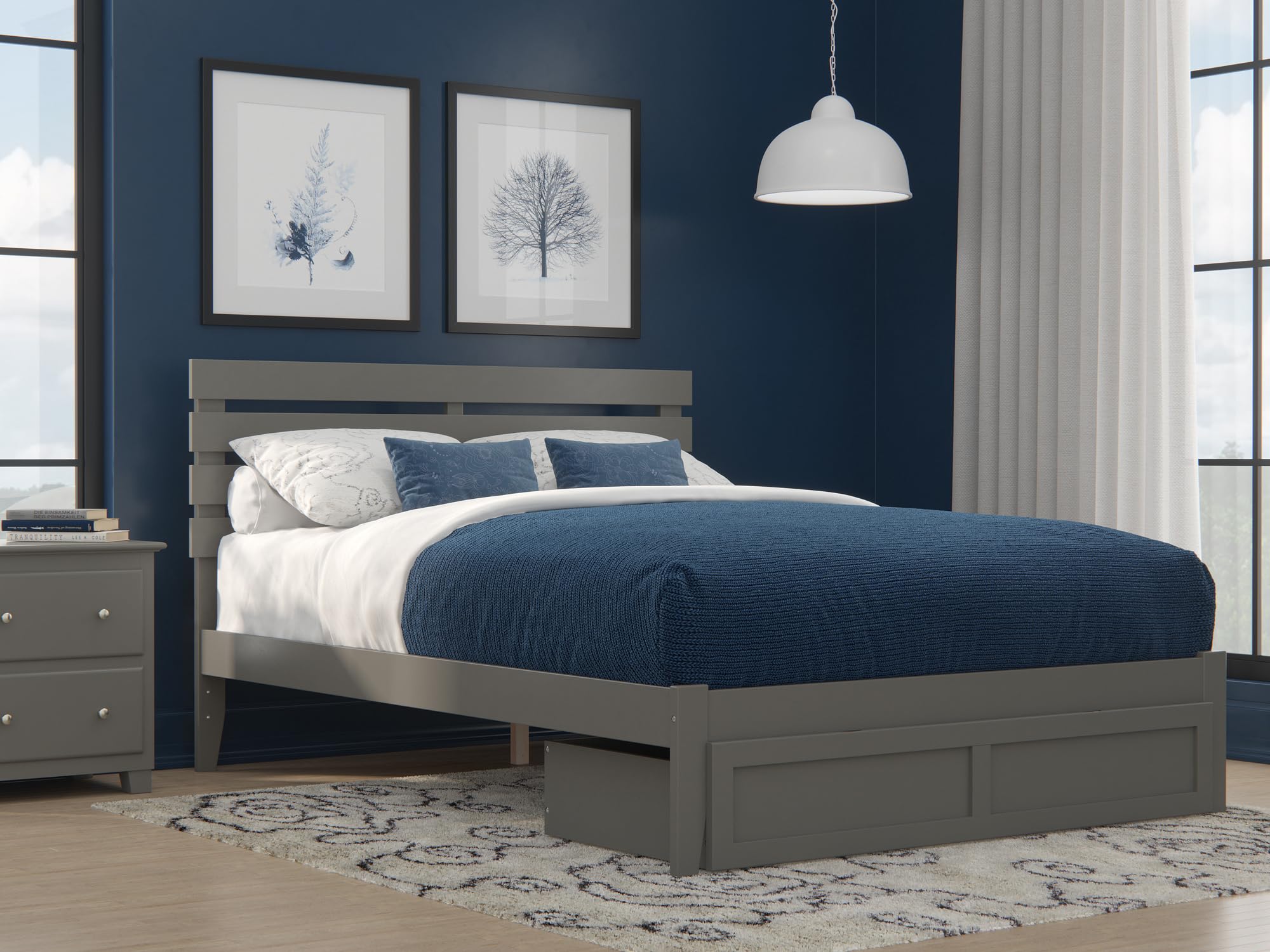 AFI Oxford Queen Size Platform Bed Frame with Storage Drawer & USB Charging Station - Modern Grey Bedroom Furniture for Small Spaces & Studio Apartments