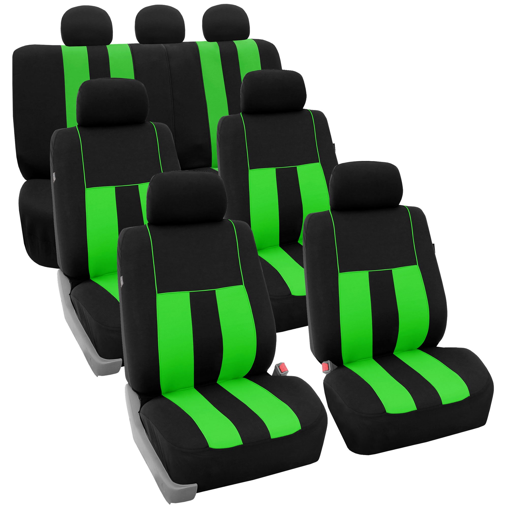 FH Group 3-Row 7-Seater Car Seat Covers - Airbag & Split Bench Compatible, Universal Fit for Cars, Trucks & SUVs (Green/Black Striped) | Durable Protection for Family Road Trips & Daily Commutes