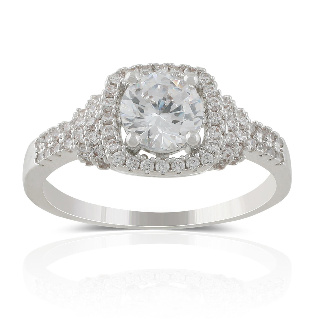 JanKuo Rhodium Plated CZ Halo Ring for Engagement & Wedding
