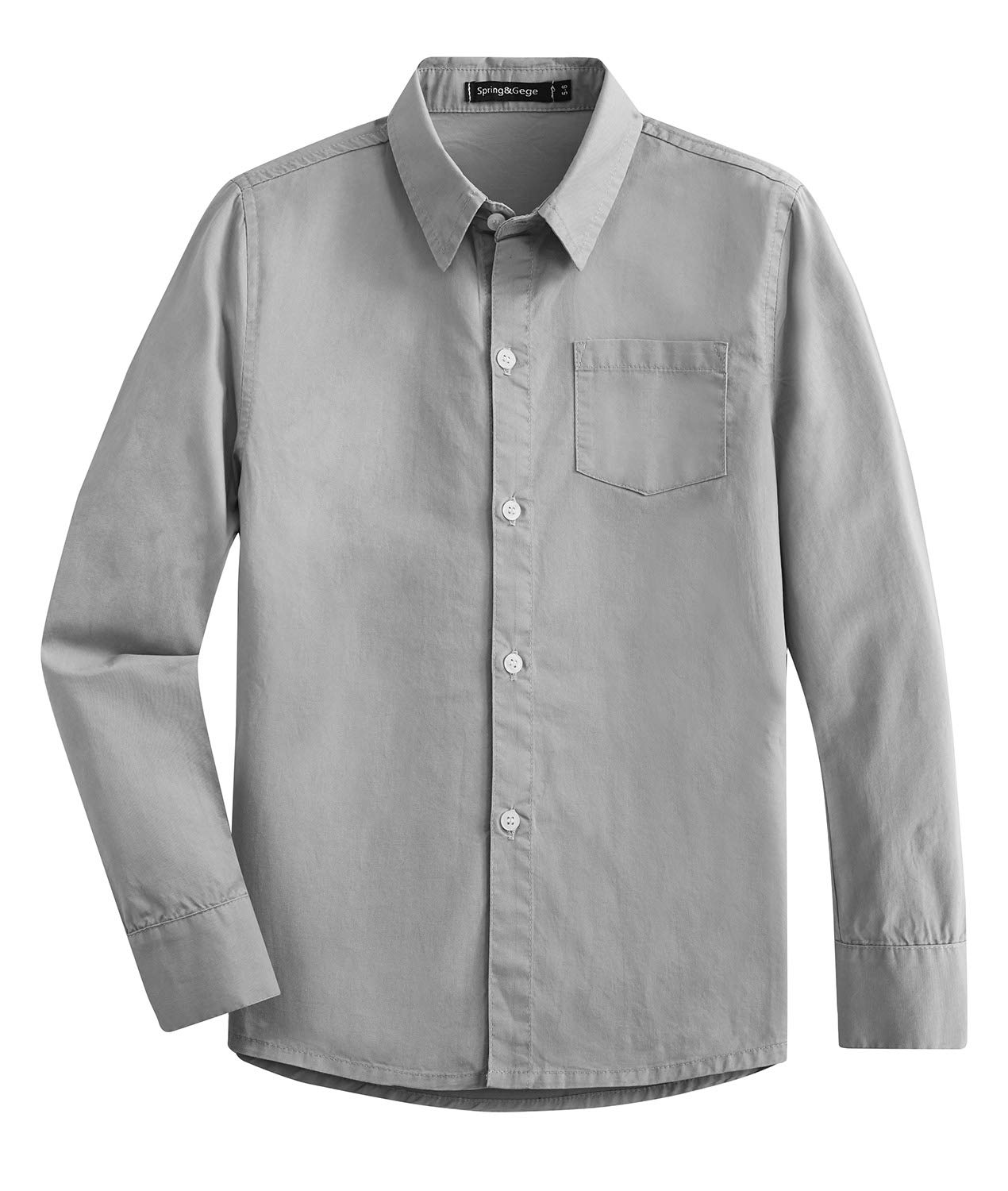 Spring&Gege Boys' Long Sleeve Dress Shirts - Formal Uniform Woven Solid Color Button Down Shirt for School, Church & Special Occasions