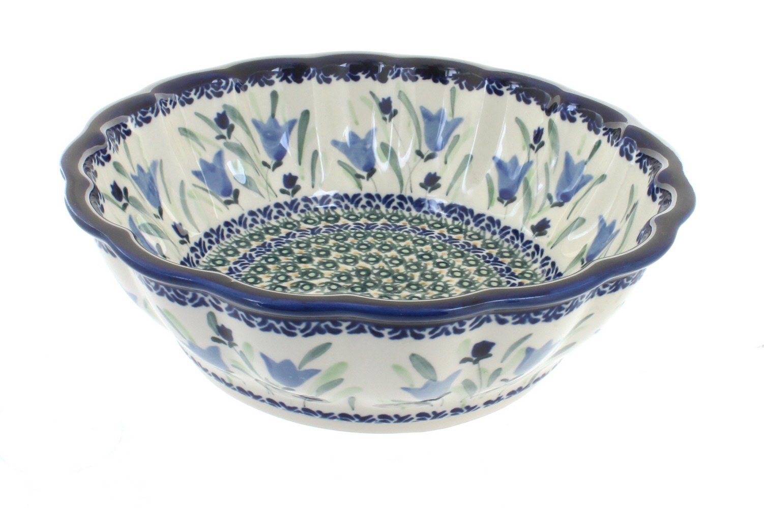 Handmade Blue Rose Polish Pottery Bowl - Large Scalloped Blue Tulip Design - Perfect for Serving Salad, Pasta or Displaying as Decorative Centerpiece