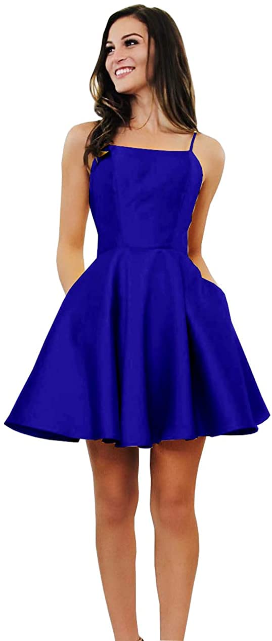 RoBride Women's Spaghetti Strap Short Satin Homecoming Dress with Pockets - Elegant Mini Formal Party Gown for Juniors | Perfect for Prom, Cocktail Parties & Special Occasions