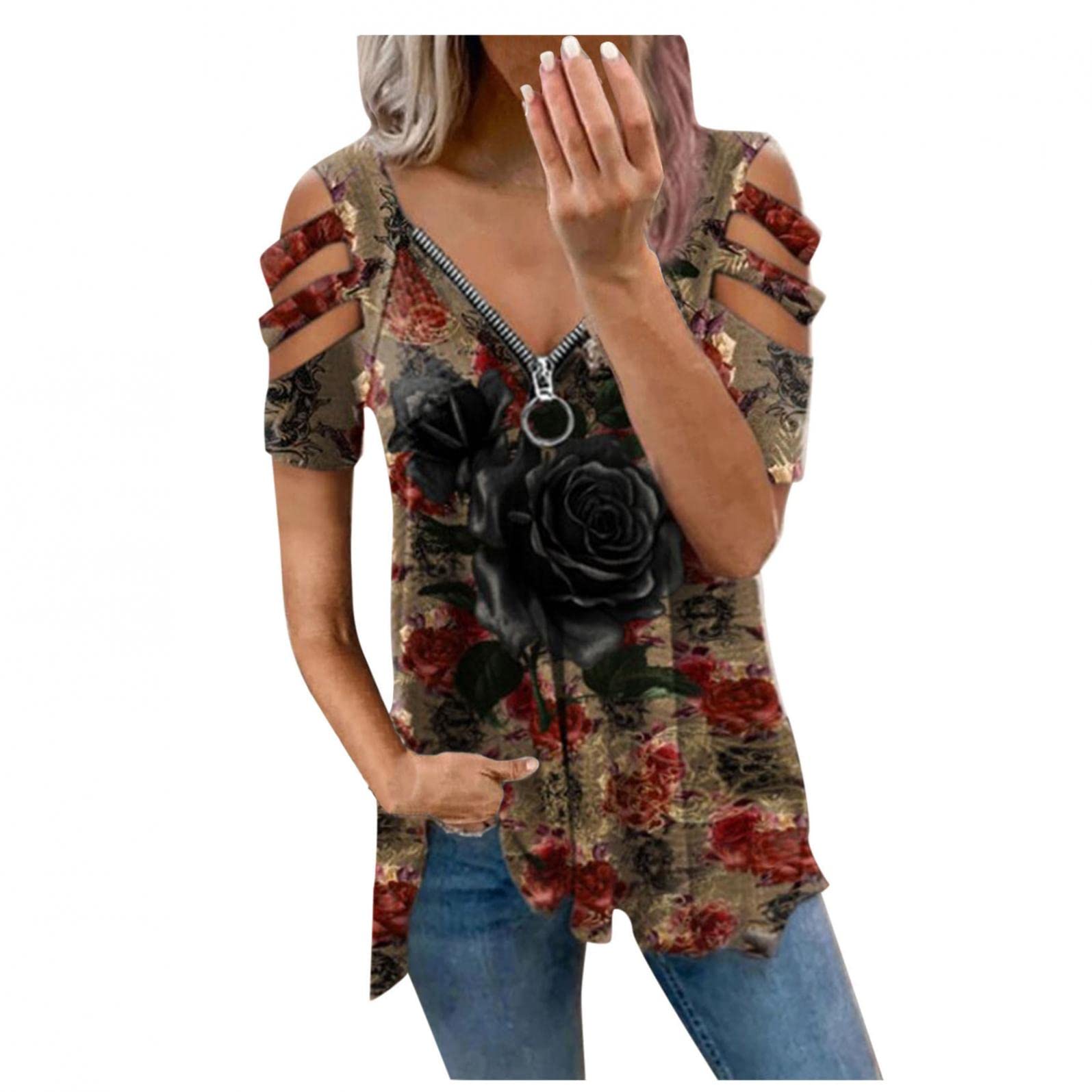 Women's Sexy Cold Shoulder Short Sleeve T-Shirt - Striped V-Neck Zipper Blouse for Summer | Casual Wear, Beach Outfits & Date Night Tops