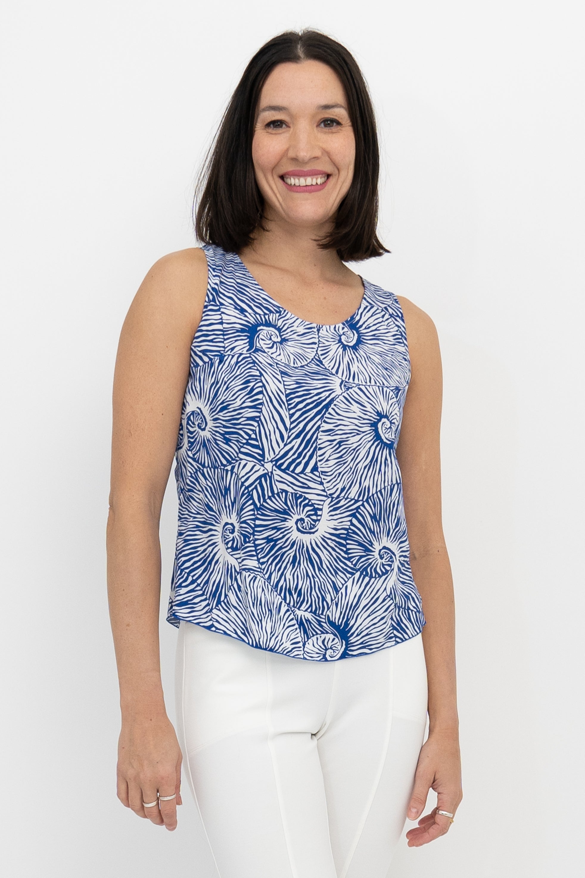 Dee Tank Top - Indigo Whirl Pattern Women's Casual T-Shirt | Perfect for Summer Outfits, Beach Wear & Everyday Fashion