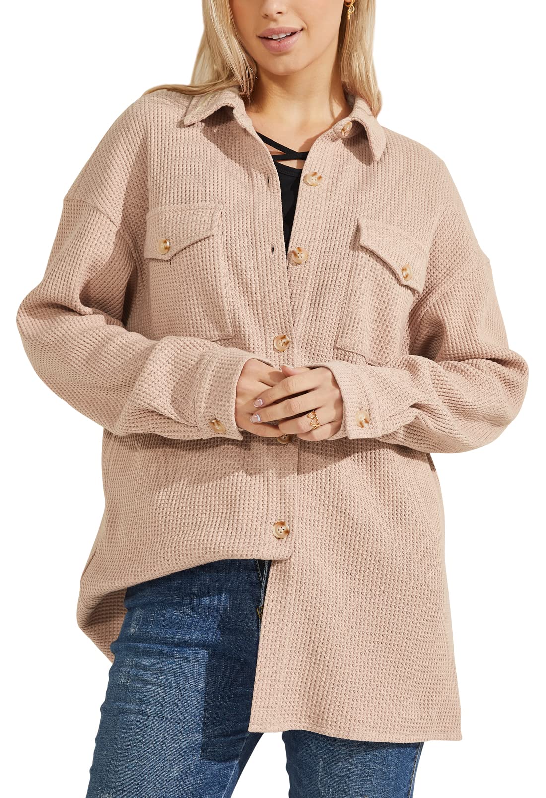 Women's Loose Fit Batwing Sleeve Waffle Knit Button Down Shirt Shacket - Casual Long Sleeve Top for Fall & Winter | Perfect for Layering, Office Wear and Weekend Outings