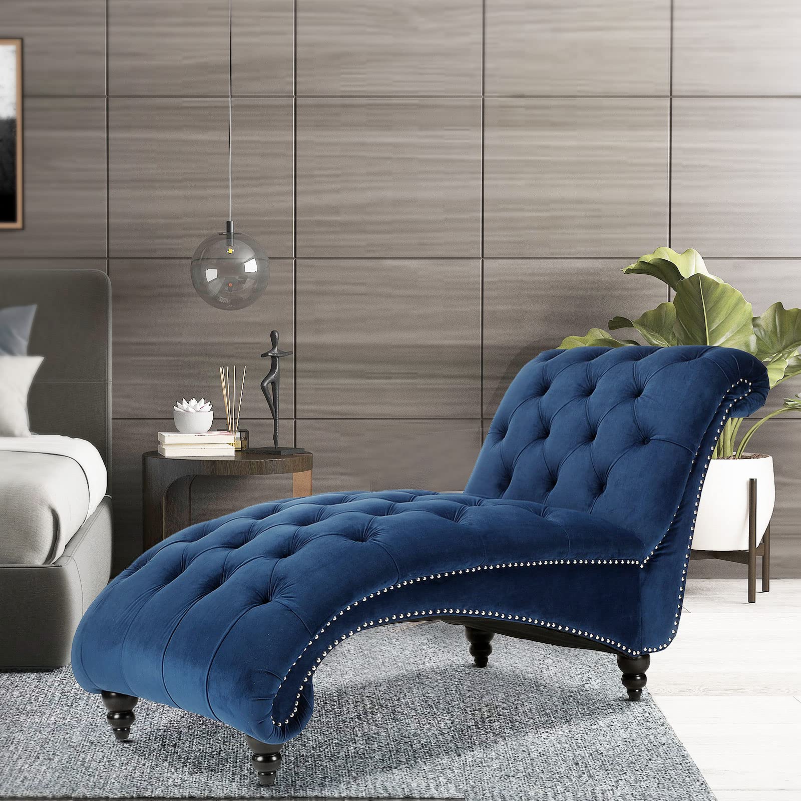 HomVent Tufted Leather Chaise Lounge Chair - Modern Indoor Lounge Chair with Button Tufting for Living Room, Office, or Bedroom - Perfect for Relaxing, Reading & Napping (Blue)