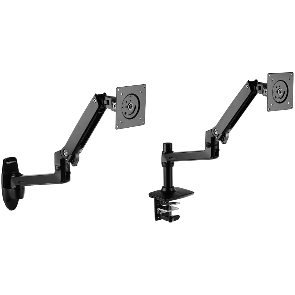 Amazon Basics Wall Mount Monitor Stand with Lift Engine Arm - Adjustable Aluminum TV & Computer Monitor Mount for Home & Office - Black