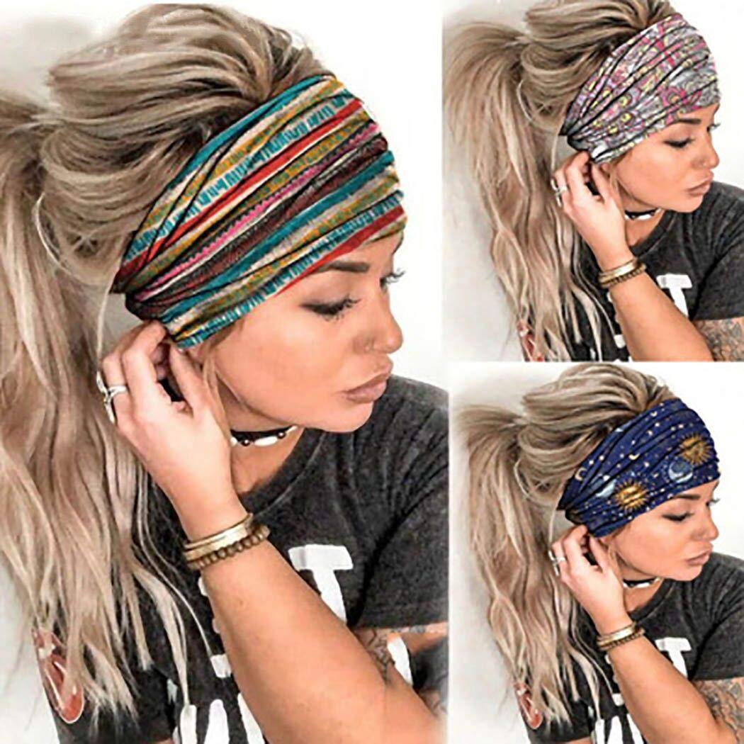 Morebrave Boho Wide Headbands for Women & Girls - Floral Printed Butterfly Yoga Head Wrap, Stylish Elastic Hair Scarf & Spa Shower Accessories (Pack of 3) - Perfect for Yoga, Workouts, Beach Days & Boho Fashion