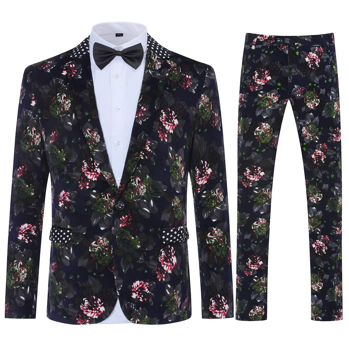 YFFUSHI Men's Slim Fit Floral 2-Piece Suit Set with 1-Button Tweed Blazer & Pants for Prom, Wedding, Party & Formal Occasions