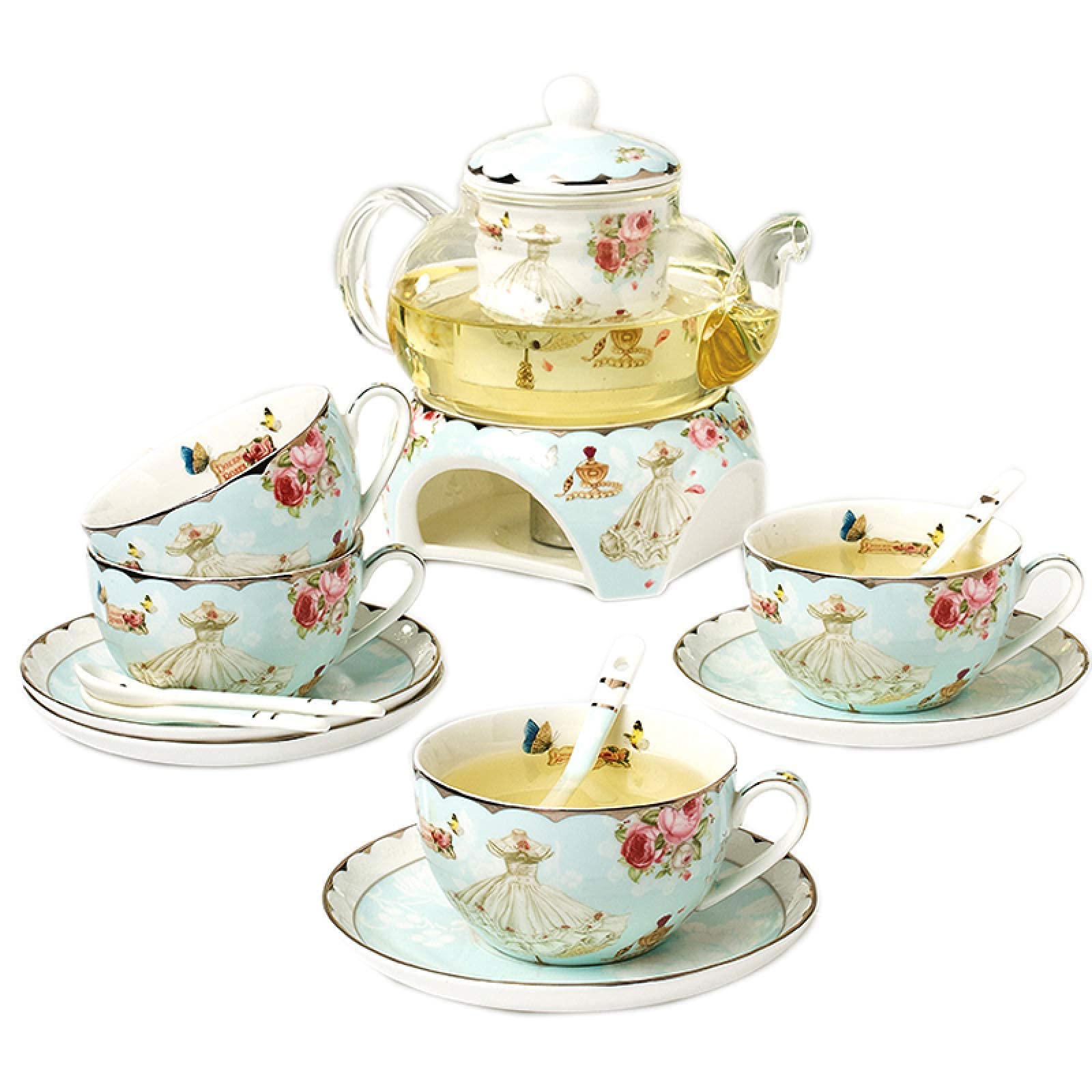 Premium European Floral Tea Set - 1L Glass Teapot with Warmer, 4 Bone China Cups & Saucers - Elegant British Royal Style Tea Service for Afternoon Tea, Bridal Shower Gift & Home Decor