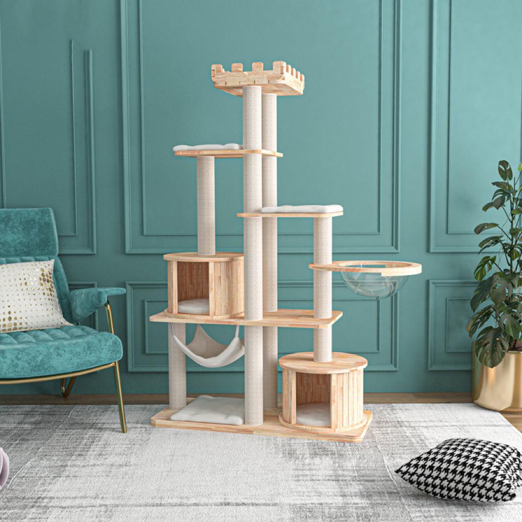 176cm Tall Castle Oak Multi-Level Cat Tree with Scratching Posts - Perfect for Indoor Cats, Playtime & Climbing Adventures