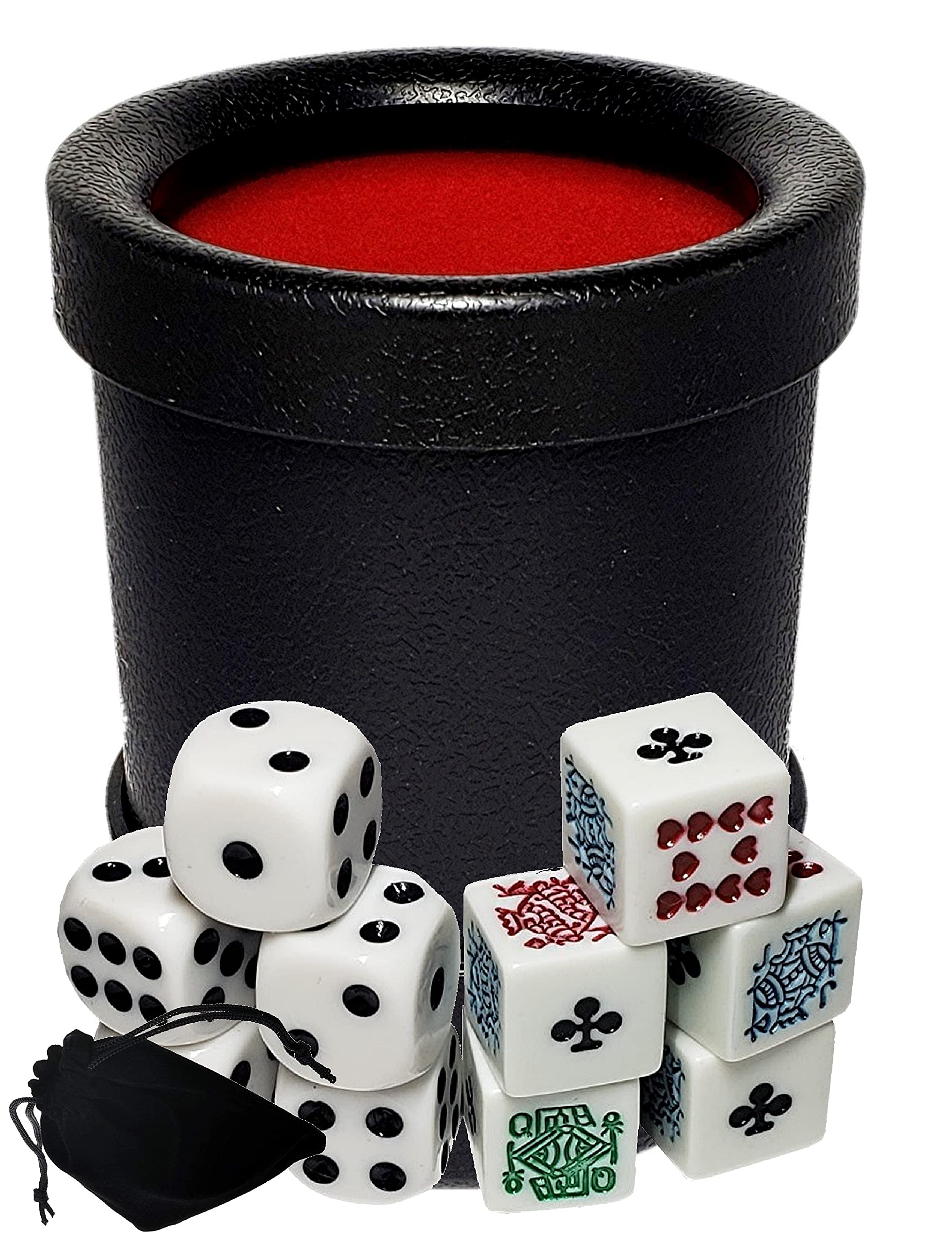 Premium Dice Cup Set with White Poker Dice (Clubs Ace) & Pip Dice - Complete Gaming Accessories in Convenient Storage Pouch - Perfect for Poker Nights, Board Games, and Casino-Themed Parties