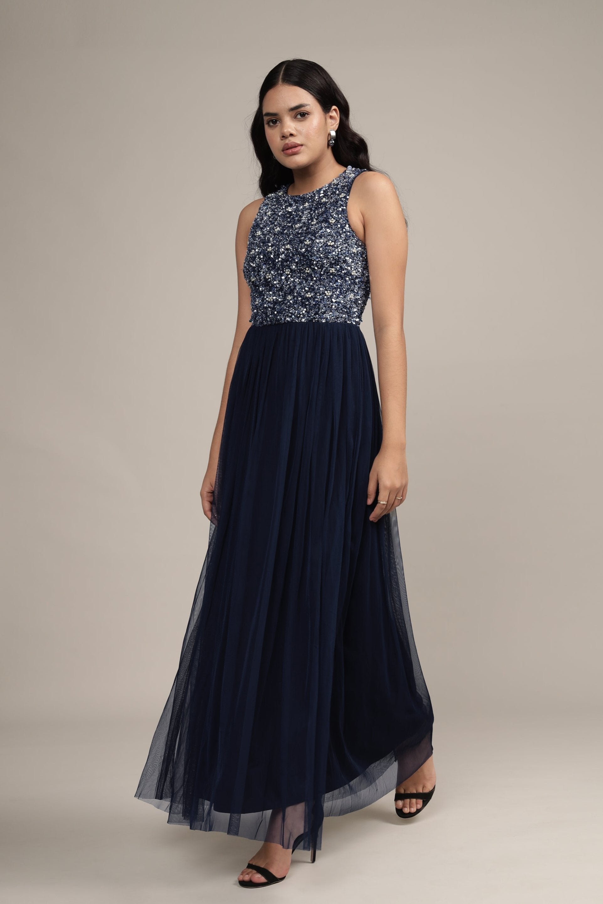 Picasso Embellished Maxi Dress - Navy Blue Pearl Bead Evening Gown for Women | Elegant Formal Wear for Weddings, Galas & Special Occasions