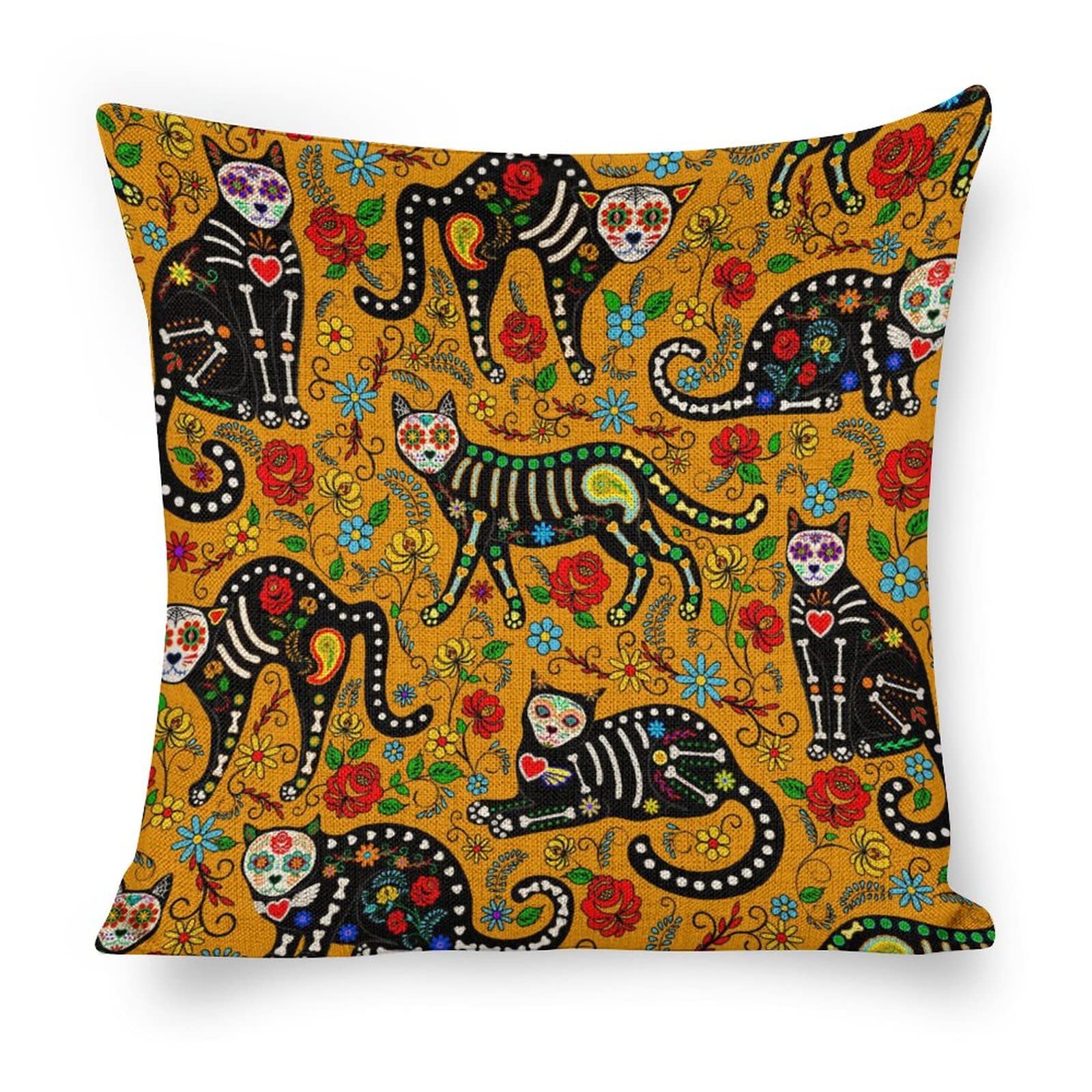 WoBnay Halloween Black Cat Throw Pillow Covers - 18x18 Inch Sugar Skull Decorative Cushion Covers - Square Cotton Linen Pillow Cases for Sofa, Bed, Dorm Decor - Perfect for Halloween, Dia de Los Muertos & Gothic Home Decor