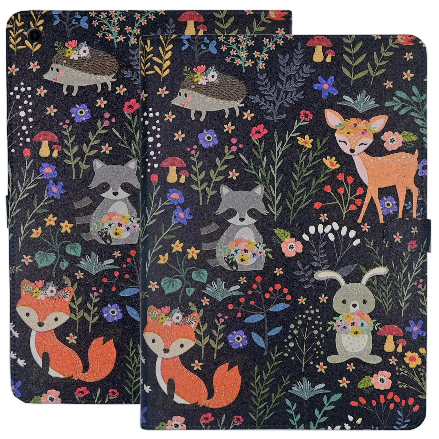 Premium PU Leather Case for Kindle Fire HD 10 (7th & 9th Gen 2017/2019) - Slim Folio Stand Cover with Full Body Protection - Cute Animal & Flower Designs (Raccoon, Rabbit, Hedgehog, Fox, Deer) - Perfect for Reading, Travel & Home Use
