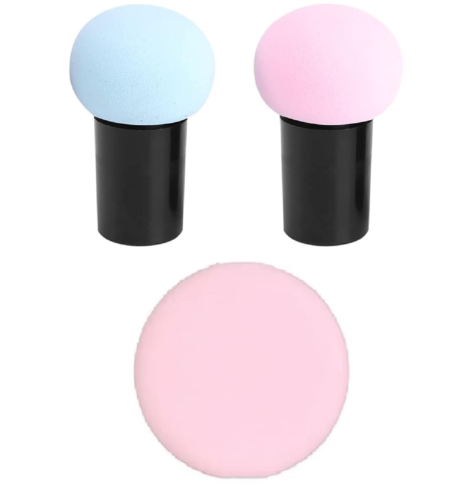 Premium Round Cotton Powder Puff & Mushroom Makeup Blender Sponge Set (2PC) - Foundation Sponge for Wet/Dry Use with Handle Case - Ideal for Liquid, Cream & Powder Makeup Application