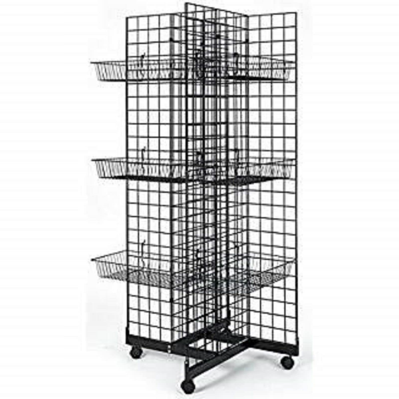 4-Way Gridwall Display with Casters & 12 Baskets - Black Metal Retail Store Fixture for Home Organization, Clothing Racks, Boutique Display and Garage Storage