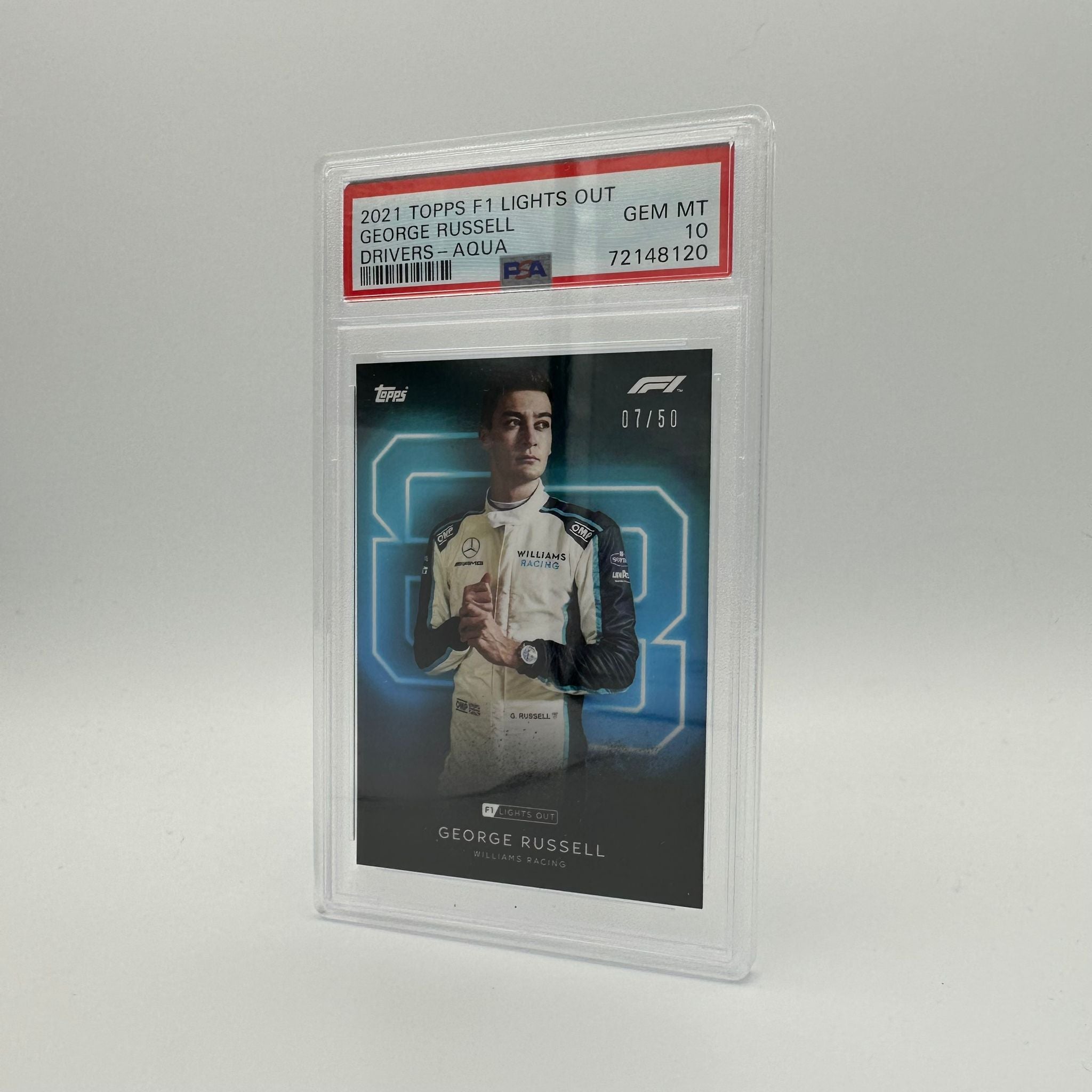 PSA 10 Graded 2007 George Russell Formula 1 Driver's Aqua Parallel Card #07/50 - Rare Collectible for F1 Fans & Sports Memorabilia Enthusiasts