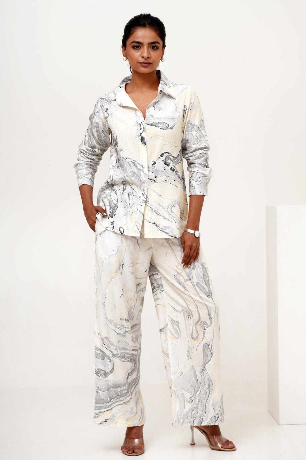 Lunar Marble Print Modal Silk Co-Ord Set for Women | Stylish Matching Outfit for Casual Wear, Date Night & Special Occasions