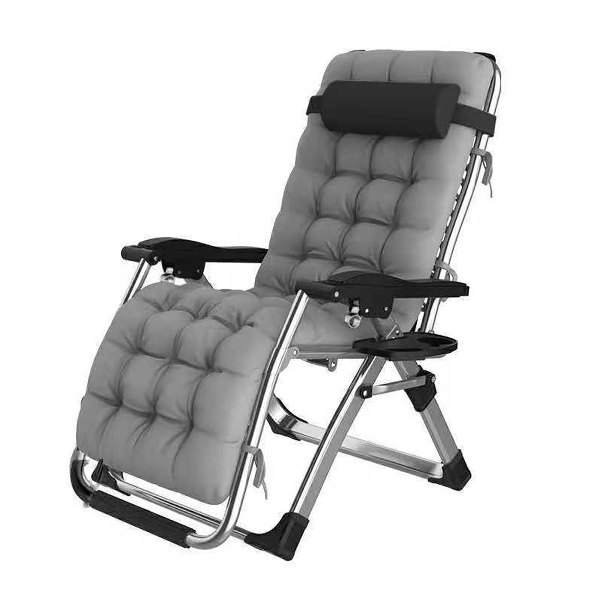 JJJ Home Small Outdoor Folding Chair with Cup Holder & Phone Tray - Portable Lounge Recliner for Beach, Patio, Camping, Sports Events - Lightweight & Compact (Grey) - Perfect for Relaxing in Backyard, Poolside or Picnics