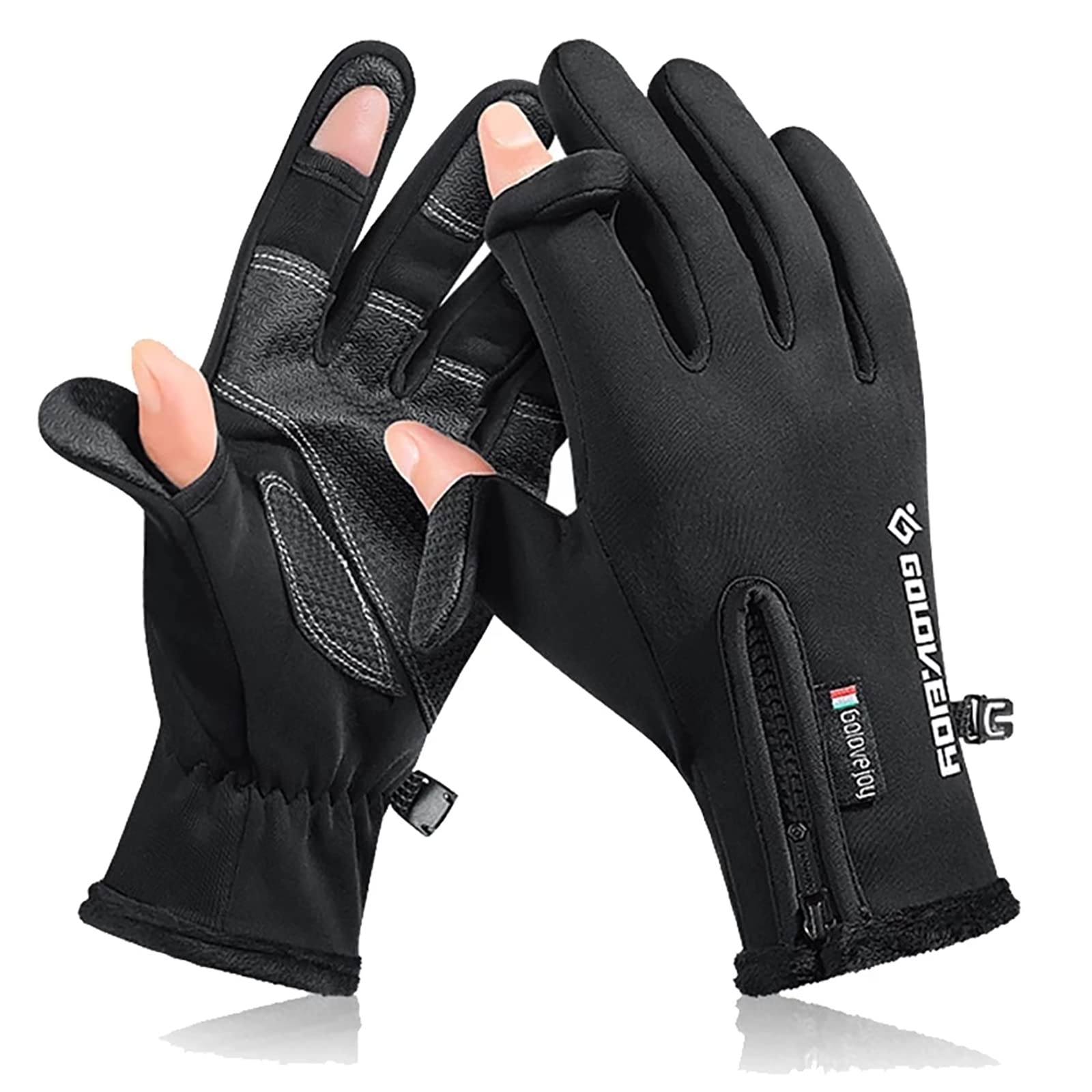 Jyllythy Winter Fishing Gloves - 2 Finger Flip Fingerless Gloves, Non-Slip Waterproof & Warm Thermal Gloves for Fishing, Cycling, Running - Perfect for Cold Weather Outdoor Activities & Winter Sports