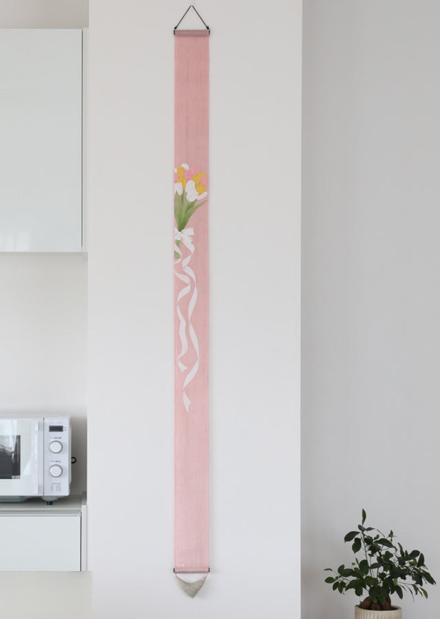 Hand-Dyed Linen Japanese Narrow Tapestry - Tulip Kyoto Noren, Traditional Japanese Wall Hanging Scroll for Home Decor, Room Divider, and Entryway
