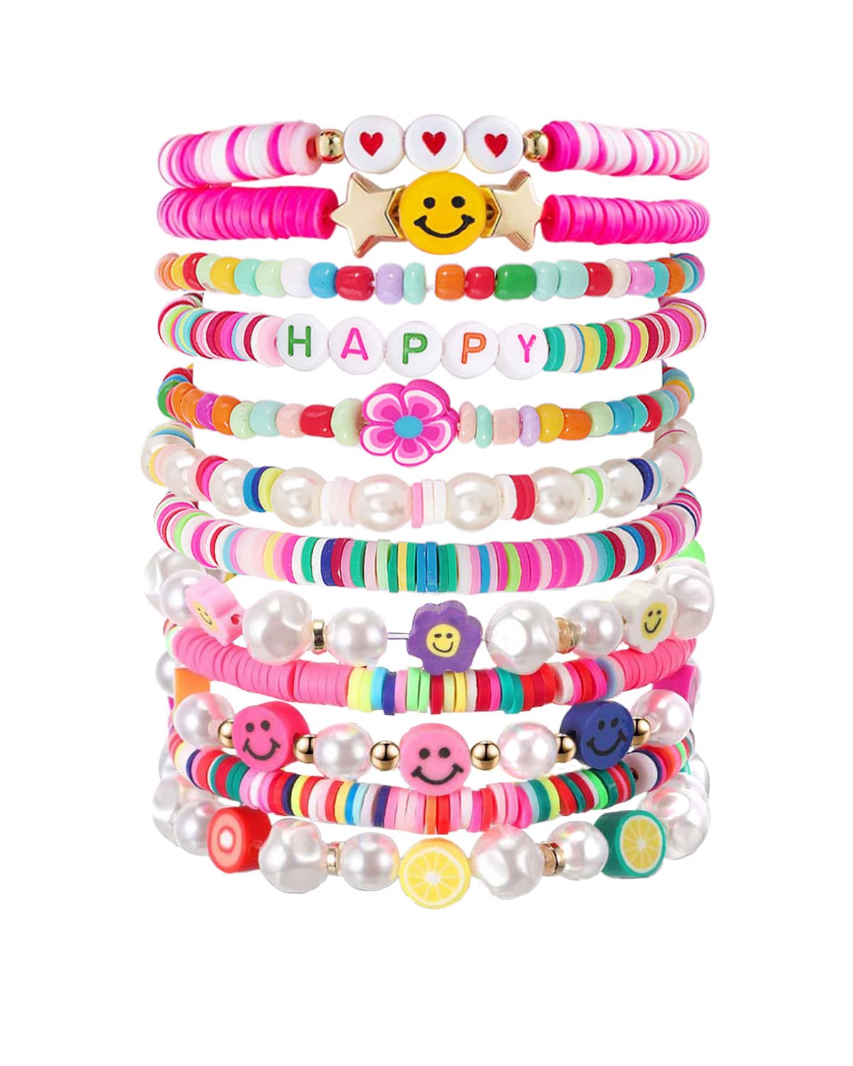 Palotay 8PCS Colorful Smiley Face & Evil Eye Beaded Stackable Bracelets Set - Stretch Clay Bead & Pearl Bracelets for Women & Girls - Perfect for Y2K Summer Beach, Boho Festival, and Everyday Layered Jewelry Looks